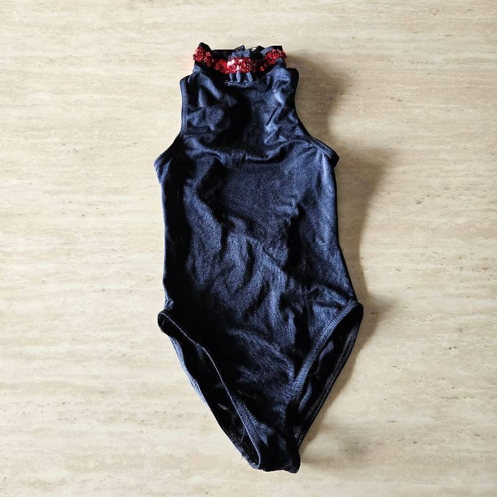 Dance costume medium child black with red sequin neck EUC